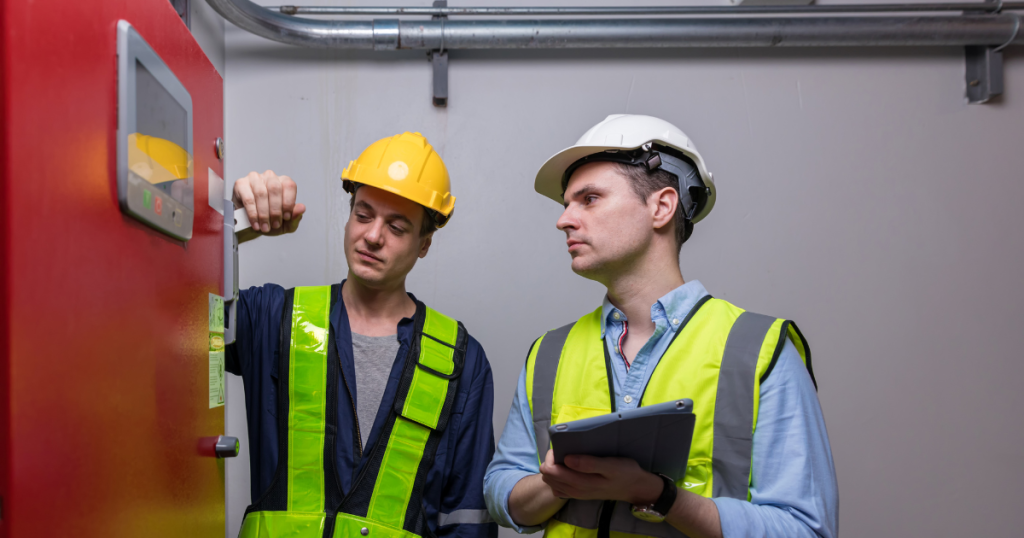two professional fire security experts inspecting Fire Sprinkler system for Repair