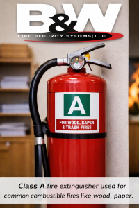 Class A fire extinguisher mounted on wall for combustible materials