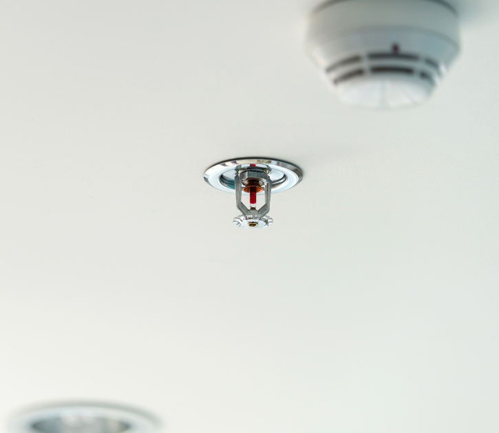 A ceiling-mounted fire sprinkler head is shown in focus, with a smoke detector and another fixture blurred in the background, highlighting fire protection equipment installed in a building.