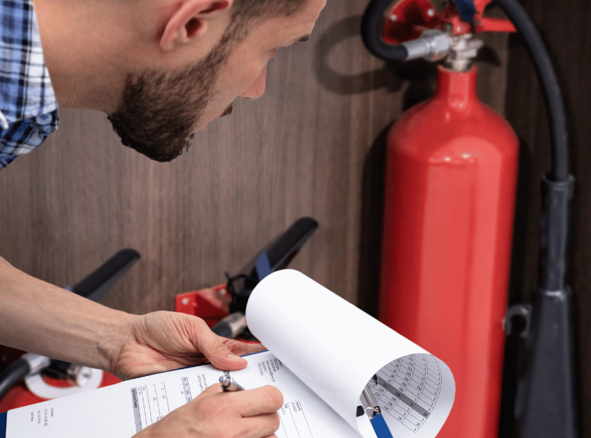 A technician inspects a fire extinguisher while filling out a checklist on a clipboard, documenting maintenance or compliance details.