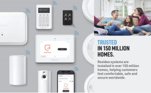 A collection of home security devices—including a control panel, keypad, camera, sensors, and mobile app—is displayed alongside text highlighting that Resideo systems are trusted in over 150 million homes, emphasizing safety, comfort, and security for families.