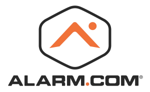 The Alarm.com logo features a stylized orange roof shape and dot inside a black hexagonal outline, with the text “ALARM.COM” displayed below in bold lettering.