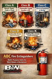 Fire safety infographic showing Classes A, B, C, D, and K fires with examples, plus an ABC extinguisher for general use and the B&W Fire Security Systems logo.