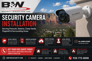security camera installation in Yavapai and Coconino County AZ with Alarm.com camera and Northern Arizona landscape for B&W Fire Security 