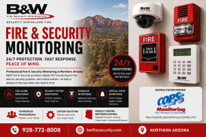  fire and security monitoring advertisement featuring 24/7 monitoring services, fire alarm systems, security systems, and COPS Monitoring partnership for Northern Arizona homes and businesses”