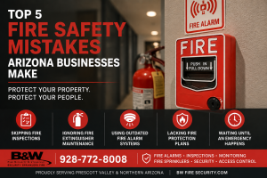 Top 5 fire safety mistakes Arizona businesses make infographic featuring fire alarm systems, inspections, monitoring services, and B&W Fire Security Systems contact number 928-772-8008.