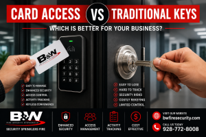 Card Access vs Traditional Keys comparison showing business access control system and traditional key entry for commercial security