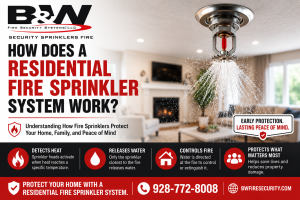 Residential fire sprinkler system activating inside a modern home, showing how a residential fire sprinkler controls fires early to protect families and property. BW Fire Security Systems LLC – Call 928-772-8008.